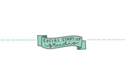 Hand-drawn teal ribbon with text “Social Start Up Studio.”